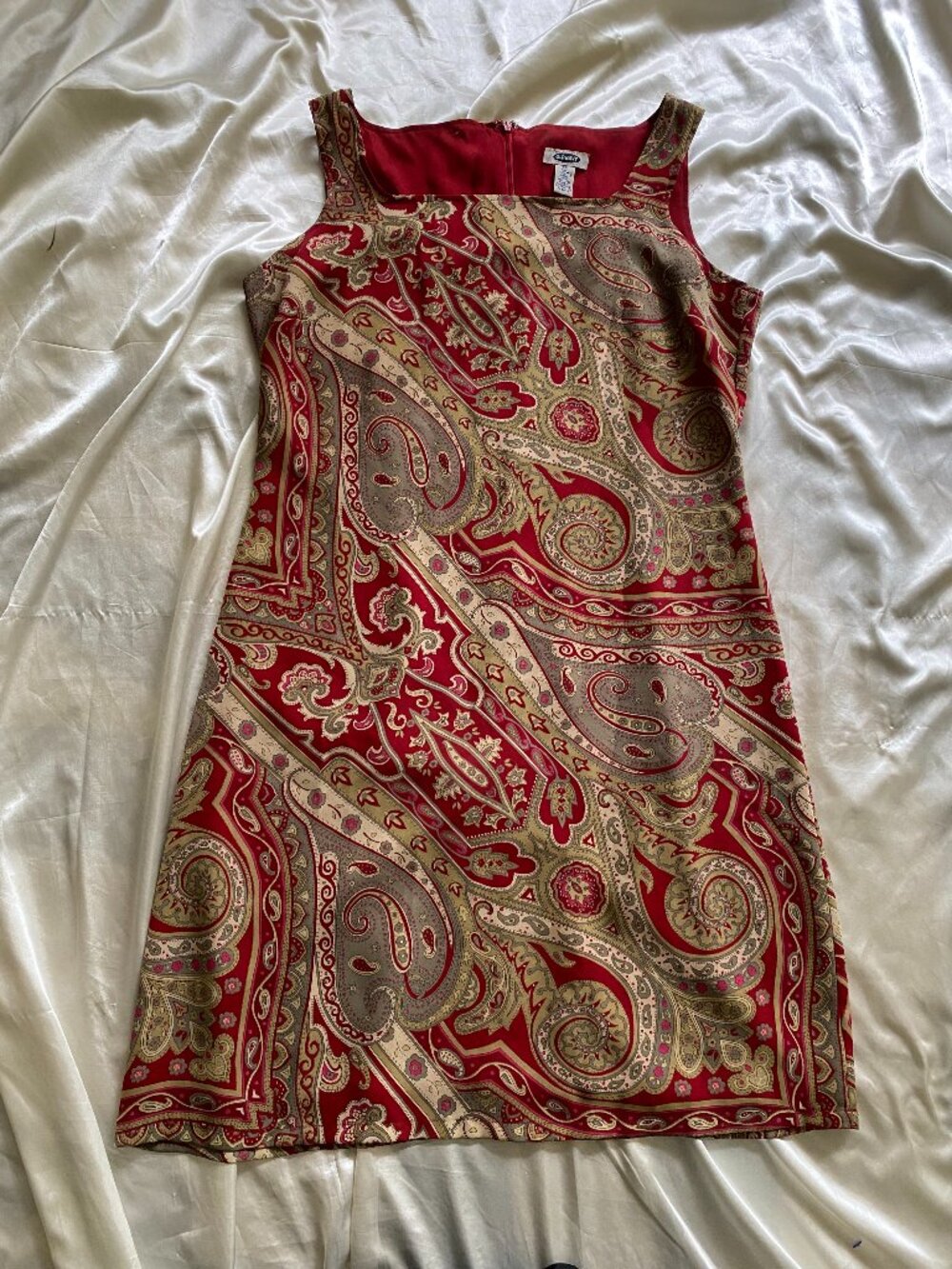 Vintage 1990s Red Paisley Scarf Print Mini Dress Old Navy Size 12 Boho Summer